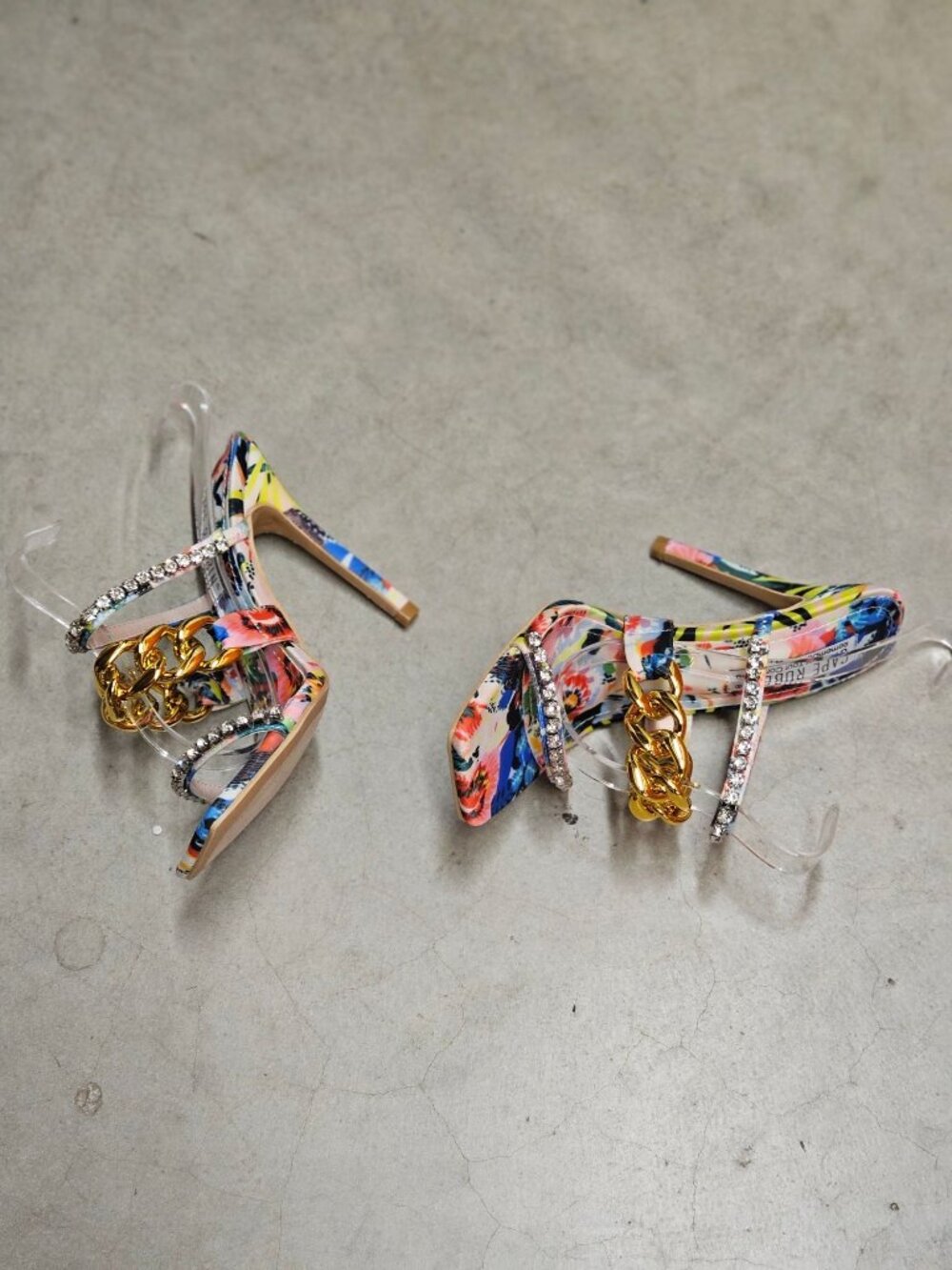 Floral Open-Toe High Heels With Rhinestone & Gold Chain Straps Multicolor Womens - Picture 5 of 14